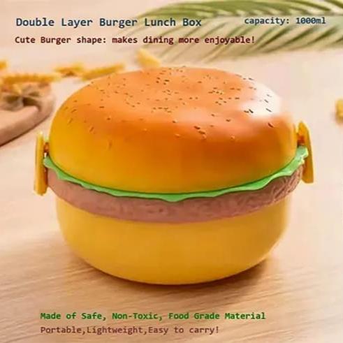 Burger Shape Double Layer Plastic Lunch Box with Spoons