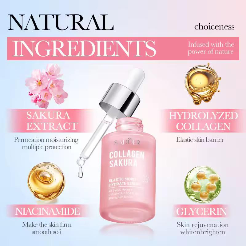 Sadoer Sakura Collagen Elastic Moisturizing 30ml Pink Face Liquid Anti Wrinkle Skin Revitalizer Sakura Face Serum