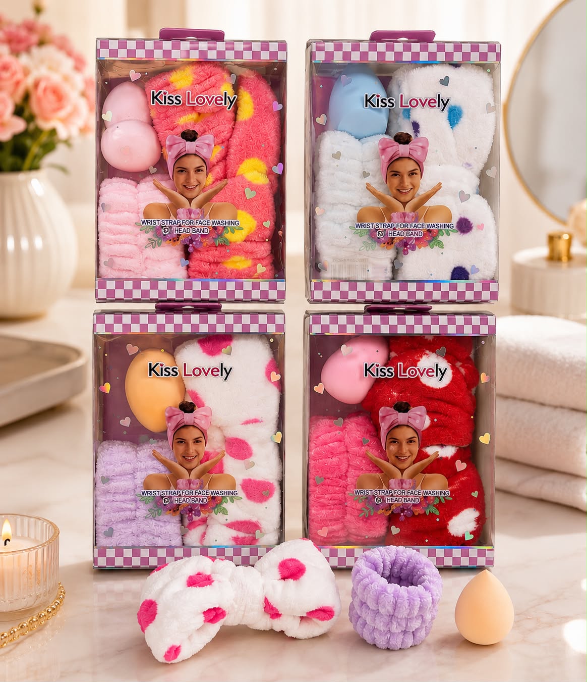 Kiss Lovely Cute Skincare Headband Wrist Set Combo Kit