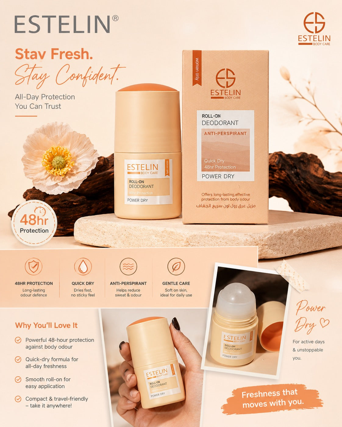 ESTELIN Deodorant Roll On Power Dry 48Hr Protection