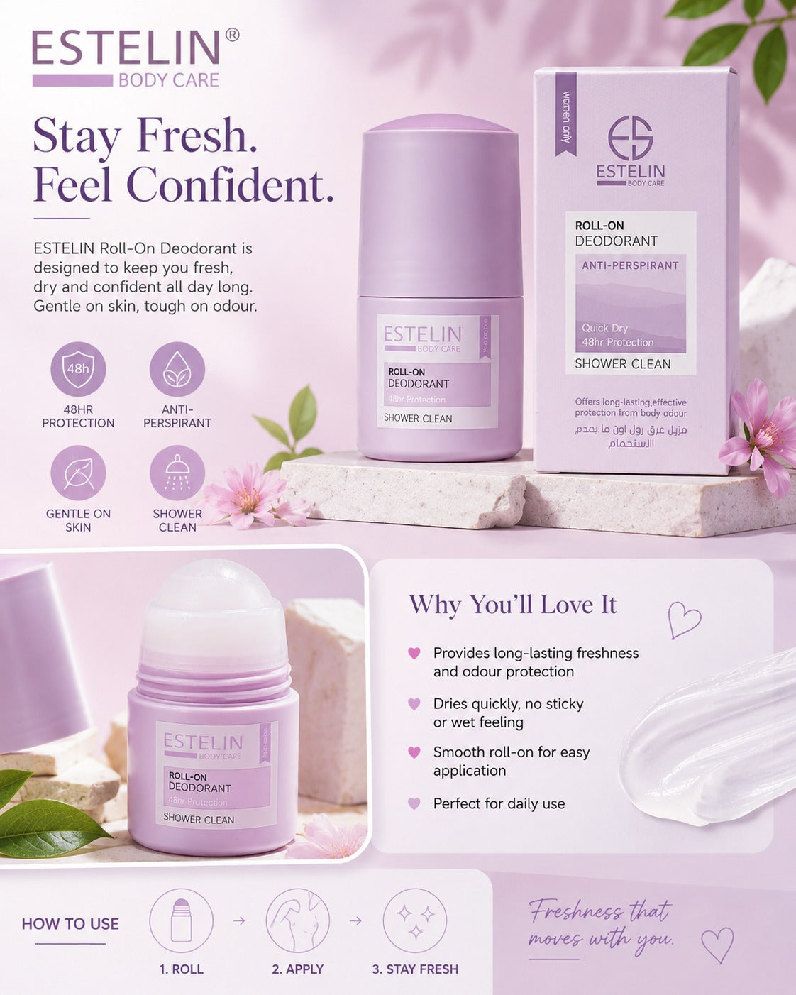 ESTELIN Deodorant Roll On Shower Clean 48Hr Protection 50ml