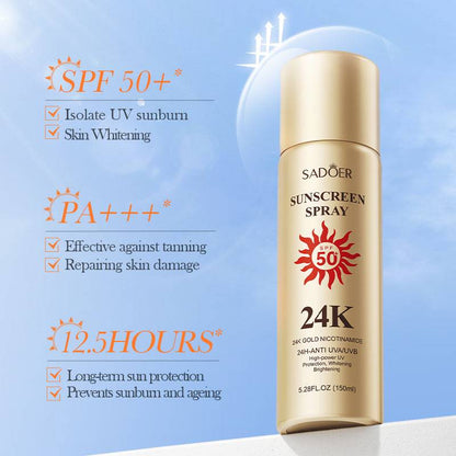 SADOER 24K Gold Sunscreen Spray SPF50+ PA+++ Nicotinamide 24H-Anti UVA/UVB High Protection Whitening Spray 150ml