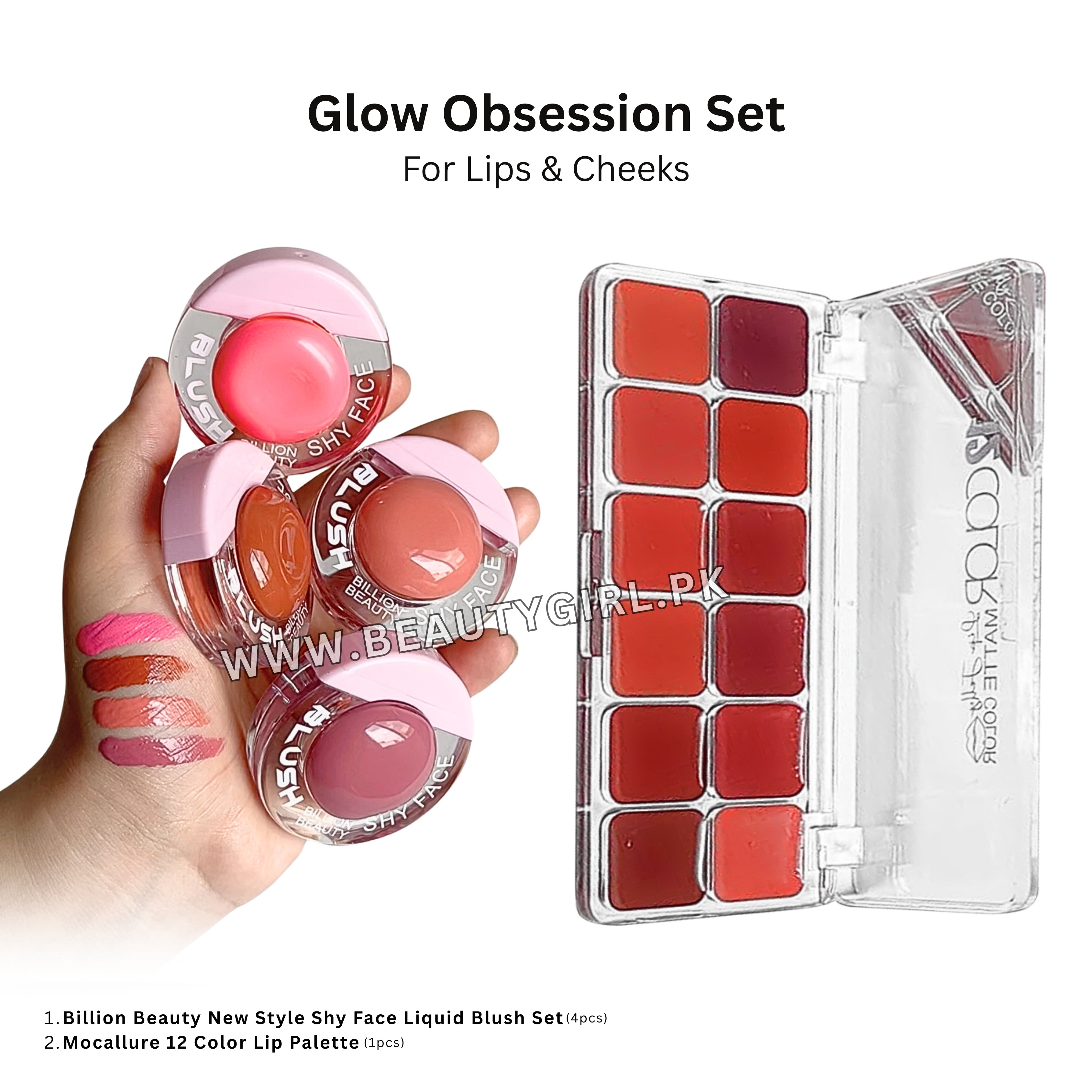 Billion Beauty New Style Shy Face Liquid Blush 4pcs Set + Mocallure 12 Color Lip Palette