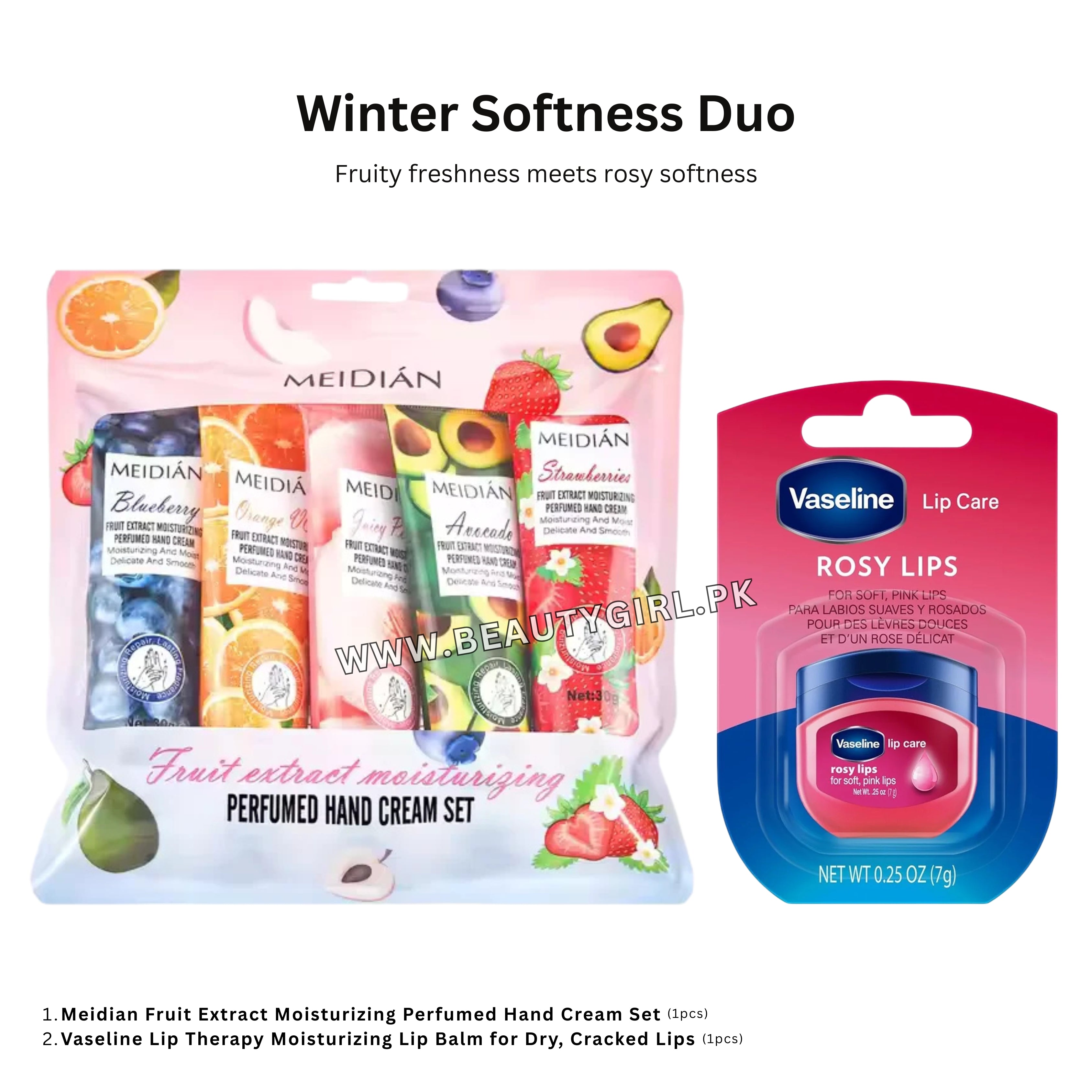 Meidian Fruit Extract Moisturizing Perfumed Hand Cream Set (Pack of 5) + Vaseline Lip Therapy Moisturizing Lip Balm for Dry, Cracked Lips