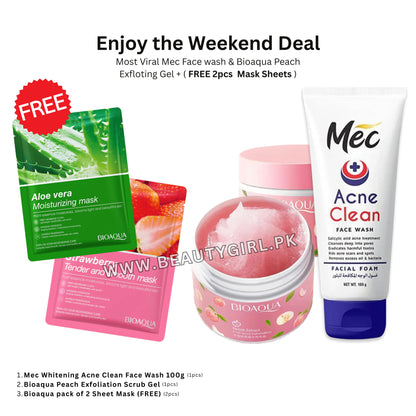 Most Viral Mec Face wash & Bioaqua Peach Exfloting Gel + ( FREE 2pcs  Mask Sheets )