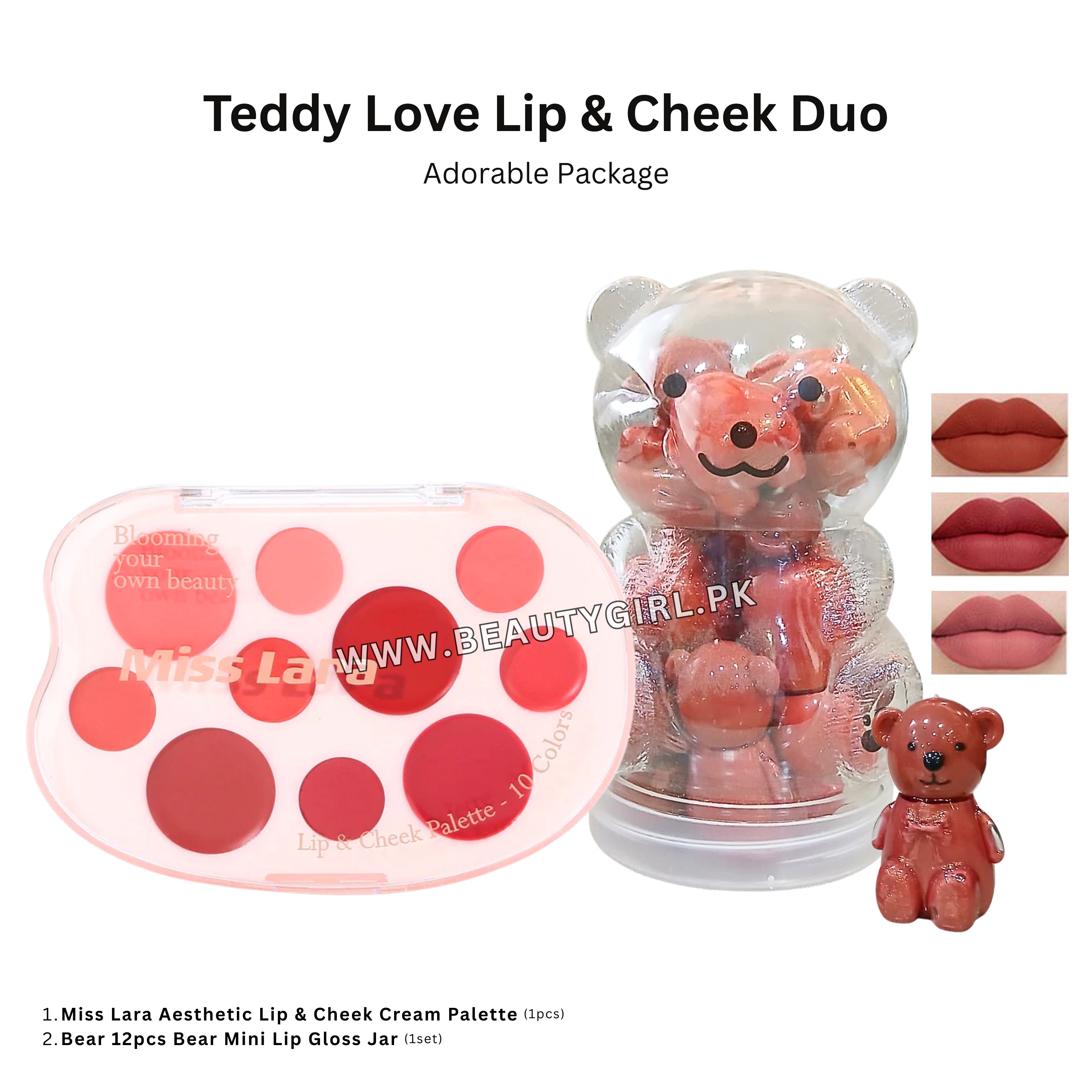 Miss Lara Aesthetic Lip & Cheek Cream Palette +  Bear 12pcs Bear Mini Lip Gloss Jar