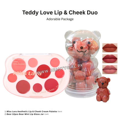 Miss Lara Aesthetic Lip & Cheek Cream Palette +  Bear 12pcs Bear Mini Lip Gloss Jar