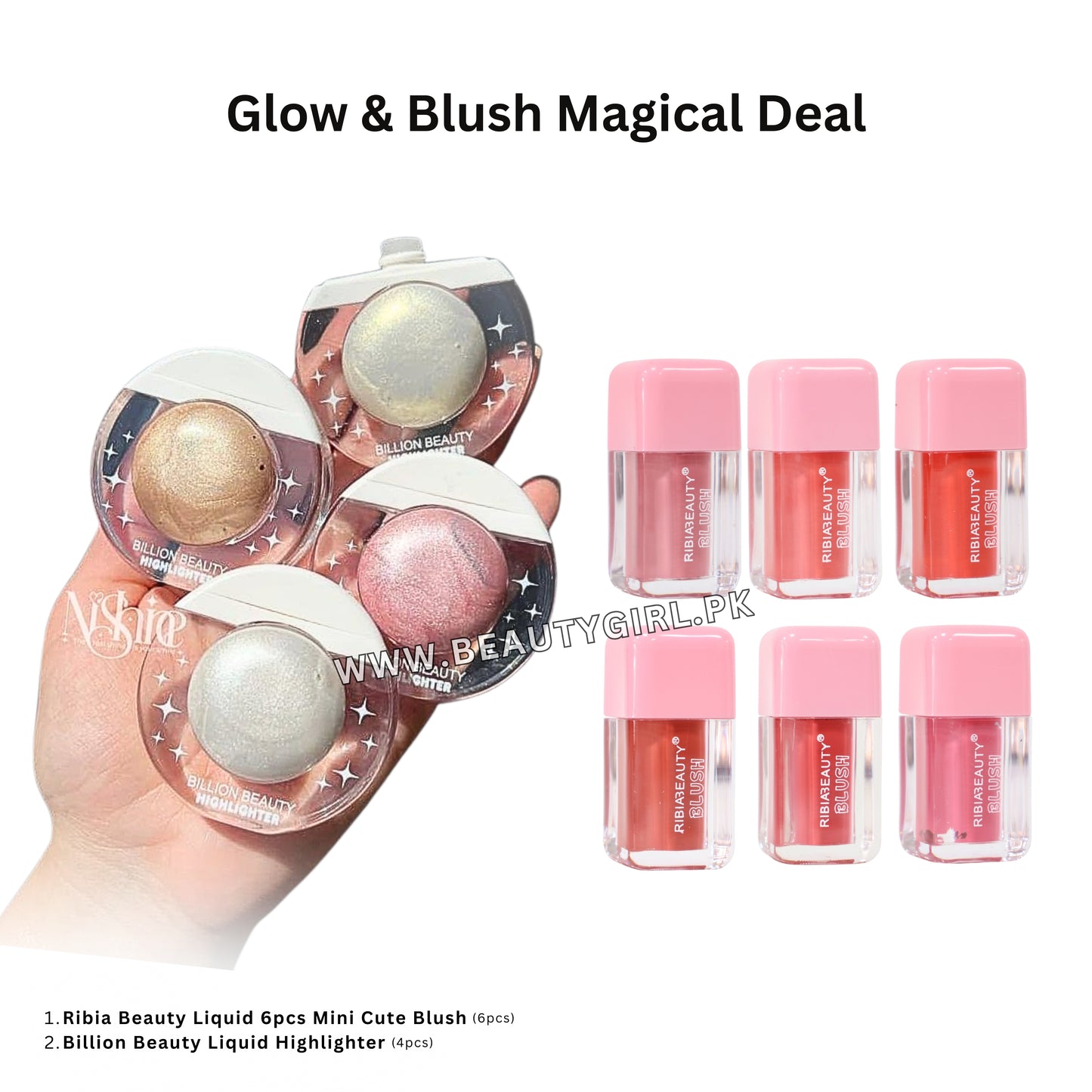 Billion Beauty Liquid Highlighter 4pcs Set + Ribia Beauty Liquid 6pcs Mini Cute Blush Set