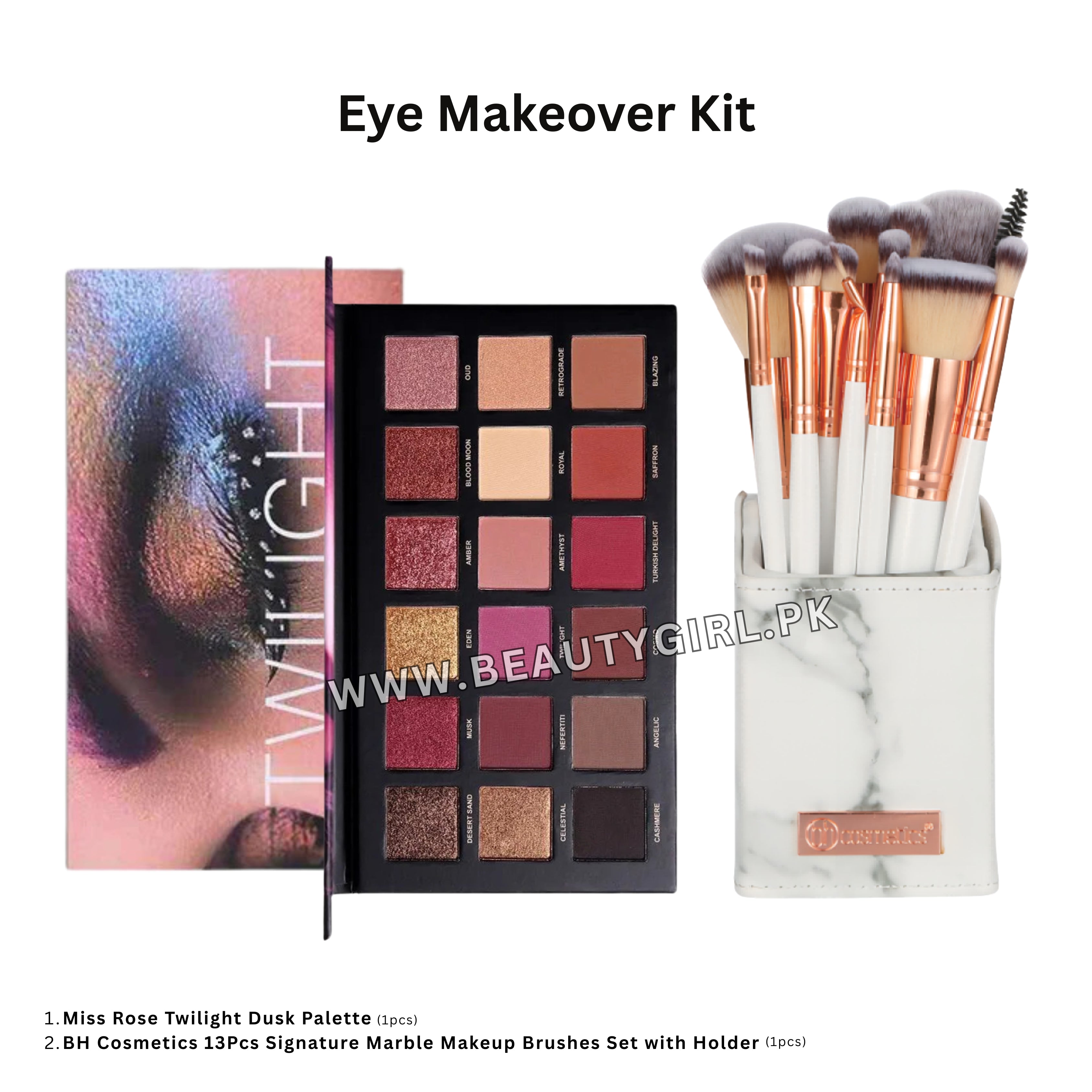 Miss Rose Twilight Dusk Palette + BH Cosmetics Fairy Lights Brush Set With Holder (Pack of 11)