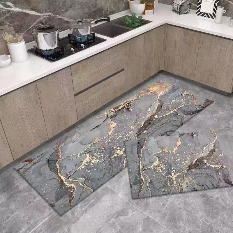 Anti Slip Absorbent Kitchen Floor Mat Washable Pair Of 2Pcs Gray Marble Design