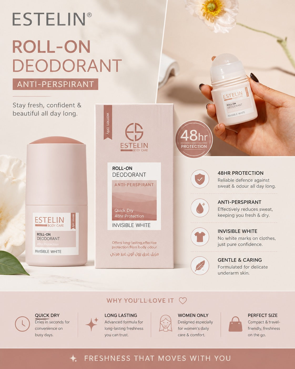ESTELIN Shower Clean Invisible White Deodorant Long Lasting Freshness