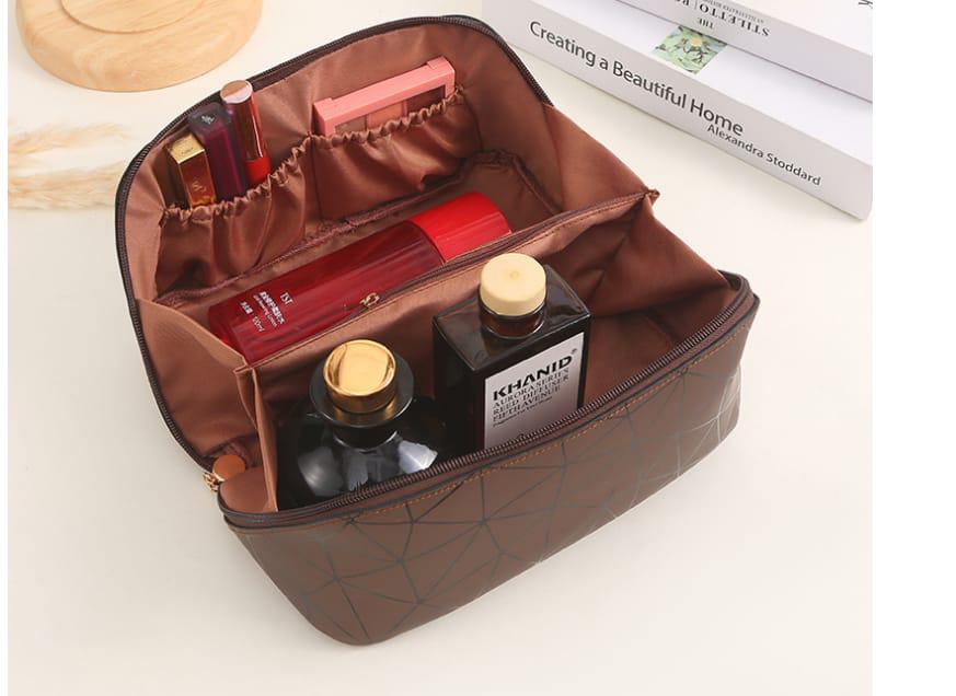 Portable Women's Travel PU Leather Cosmetic Organizer Bag with Rhombic Lattice Zipper