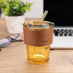 Coffee Or Tea Mug Cup With Drinking Straw Lid and PU Leather Sleeve