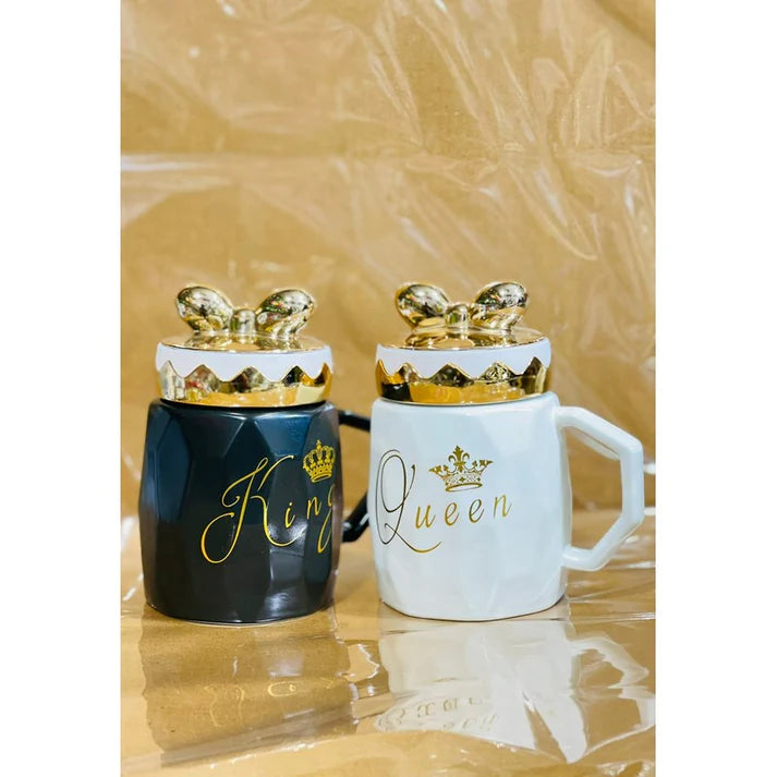 Ceramic King Queen Cut Mug With Bow Knot Design Lid