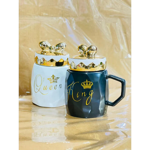 Ceramic King Queen Cut Mug With Bow Knot Design Lid