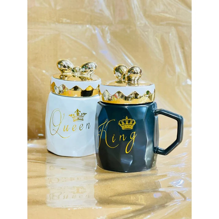 Ceramic King Queen Cut Mug With Bow Knot Design Lid