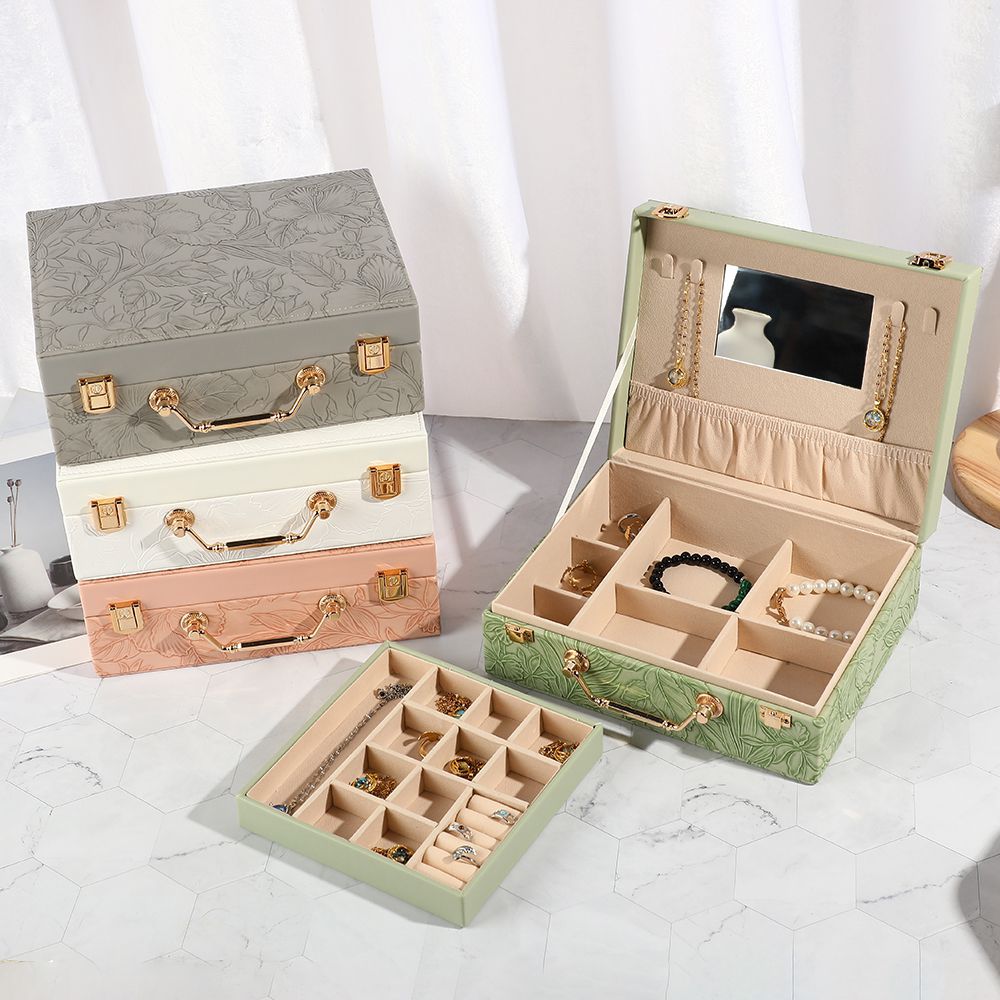 Multipurpose Luxury Self Textured Leather Jewelry Case Large Size With Mirror BT-07