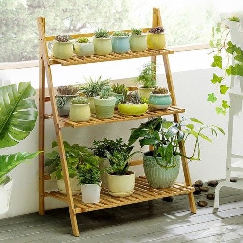 Multipurpose 3 Tier Foldable Wooden Flower Plant Pots Rack Stand Ladder Shelf