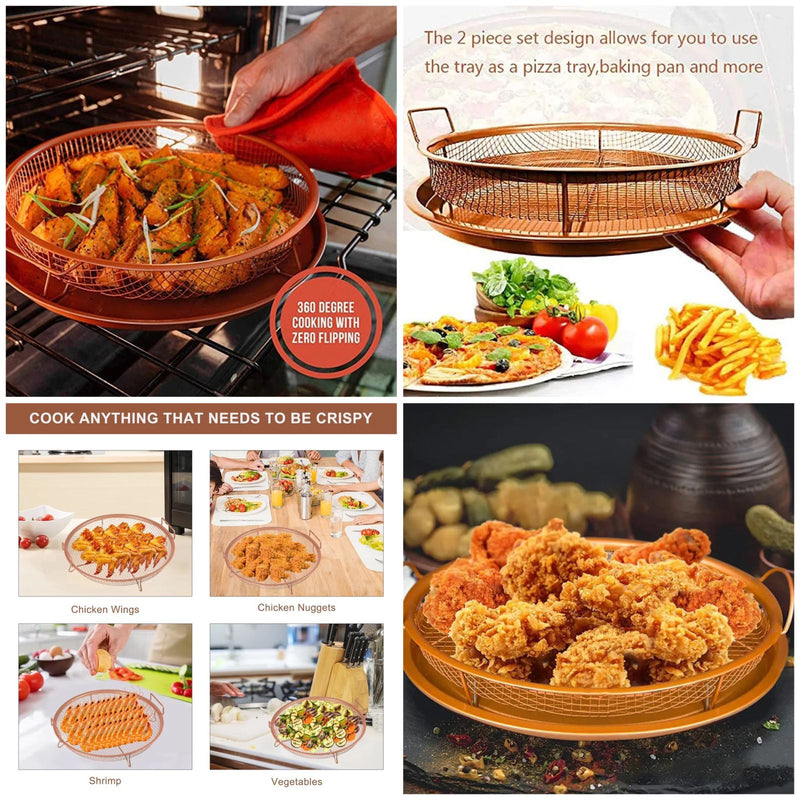 Crisper Round Tray Air Fryer Tray for Oven BBQ Basket with Non-stick Net for Grilling