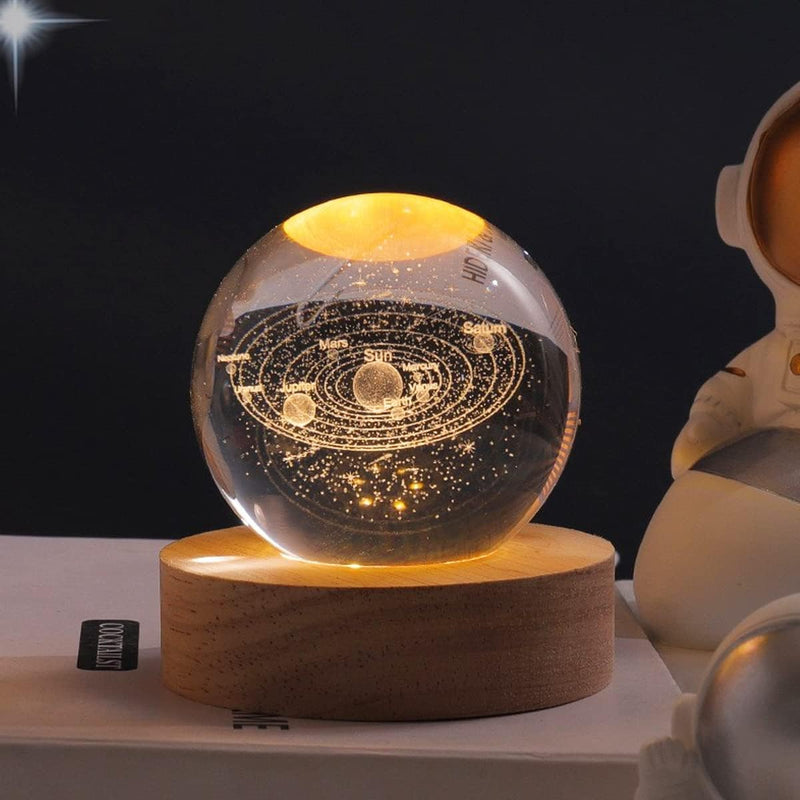 Night Lights 3D Solar System Crystal Ball Night Light Warm White Wooden Base Fantasy Decoration Ball Projection Lamp