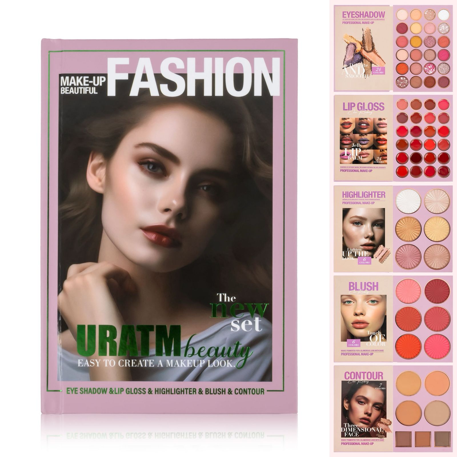 URATM Beauty Fashion Makeup Beautiful Eyeshadow Lip Gloss Highlighter Blush Contour 5 Pages Book Palette