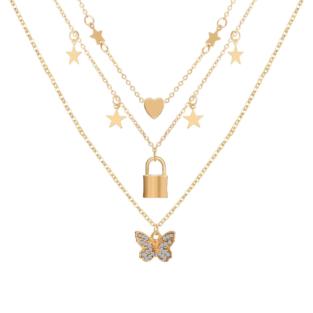 3 Layers Chain With Heart Stars Lock Butterfly Necklace