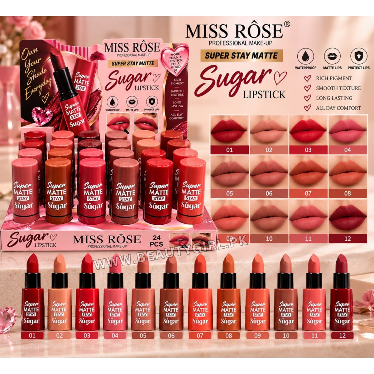 Miss Rose Sugar Super Stay Matte Lipstick Set – 12 Pieces