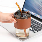 Coffee Or Tea Mug Cup With Drinking Straw Lid and PU Leather Sleeve