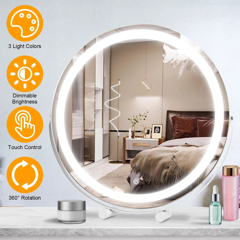 Rotatable Round Vanity Table Mirror With LED Halo Light Smart Touch Tabletop Mirror