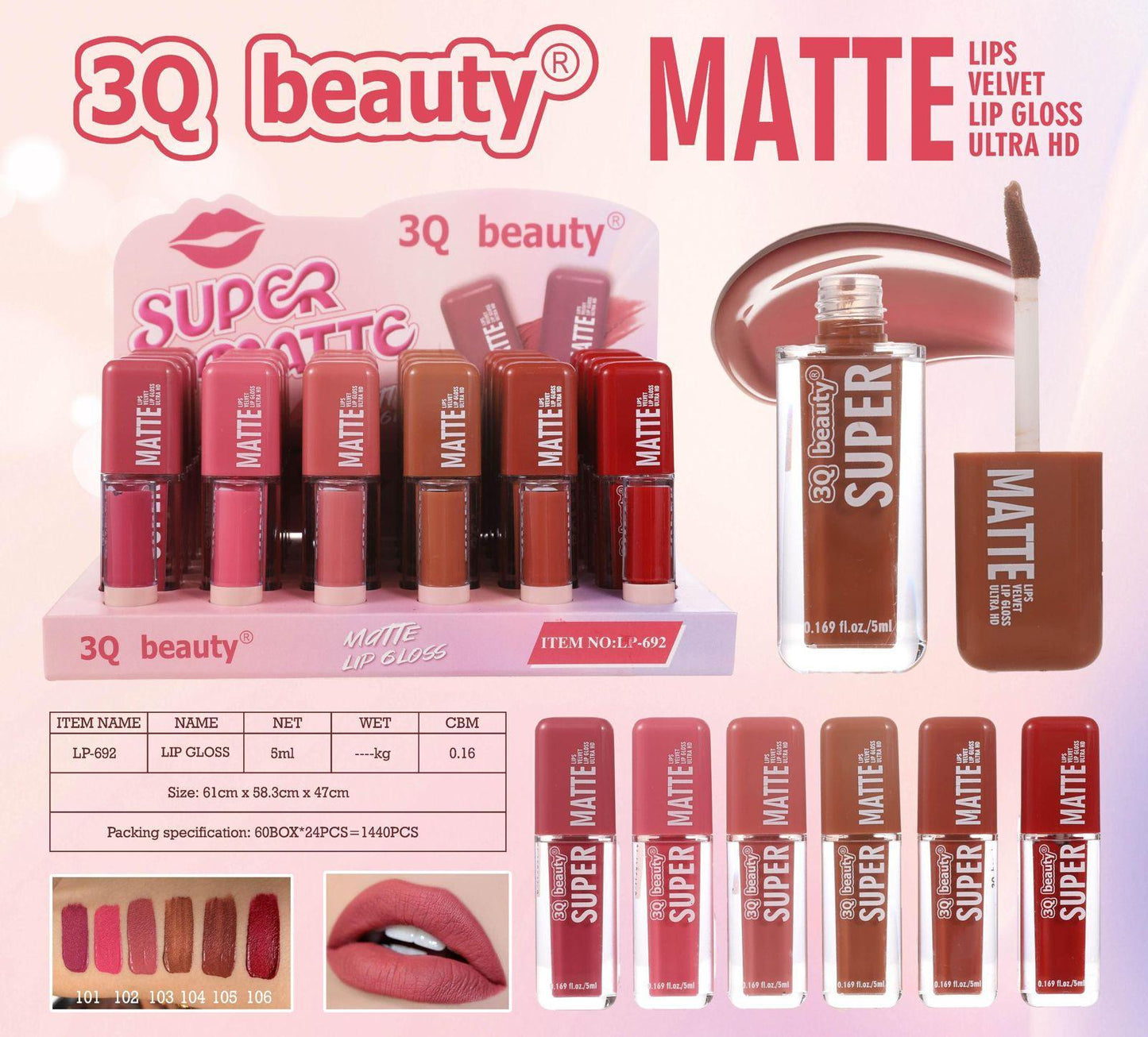 3Q Beauty Matte Lips Velvet Lip Gloss Ultra Hd Super Pigmented Pack of 6