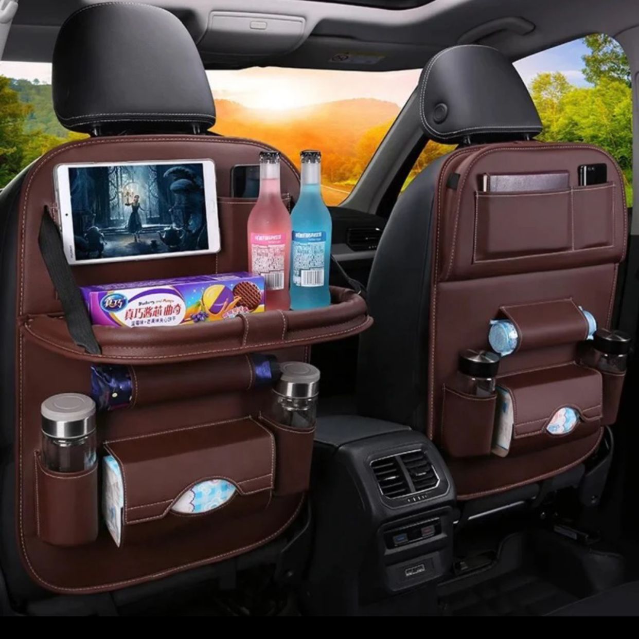 Car Back Seat Storage Bag With Foldable Table Tray Tablet Holder Tissue Box Auto Back Seat Organizer