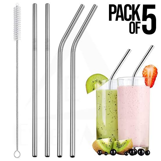 Reusable Stainless Steel Straw with Cleaning Brush Long Metal