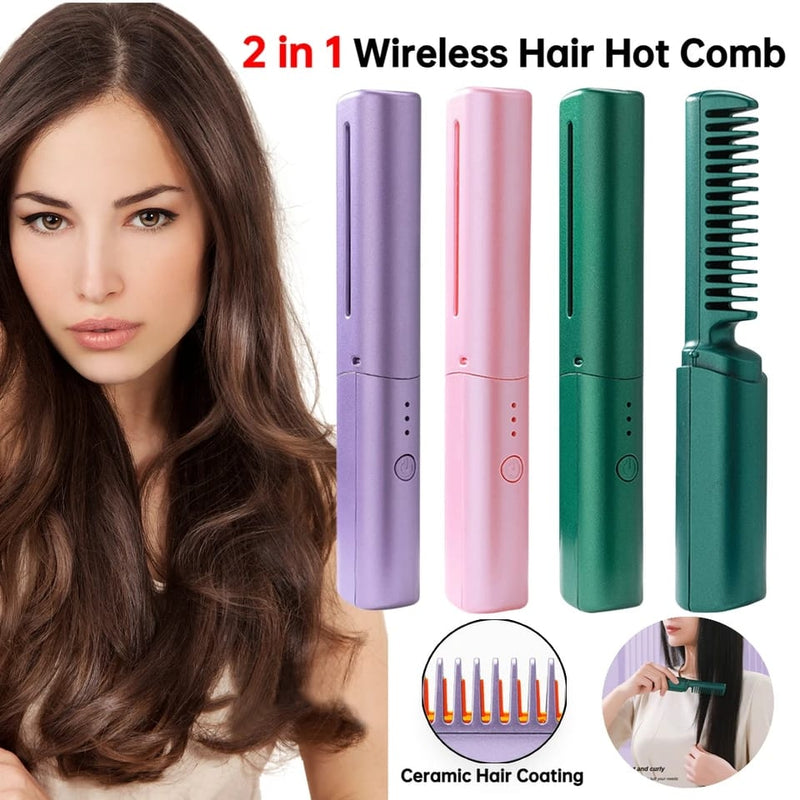 Mini 2in1 Professional Wireless Rechargeable Hair Straightener Curler Comb