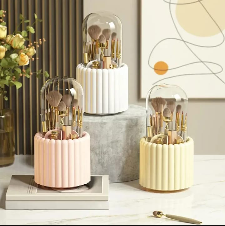 360° Rotating Makeup Brush Holder with Lid Cosmetic Storage Makeup Box Jewelry Container Organizer