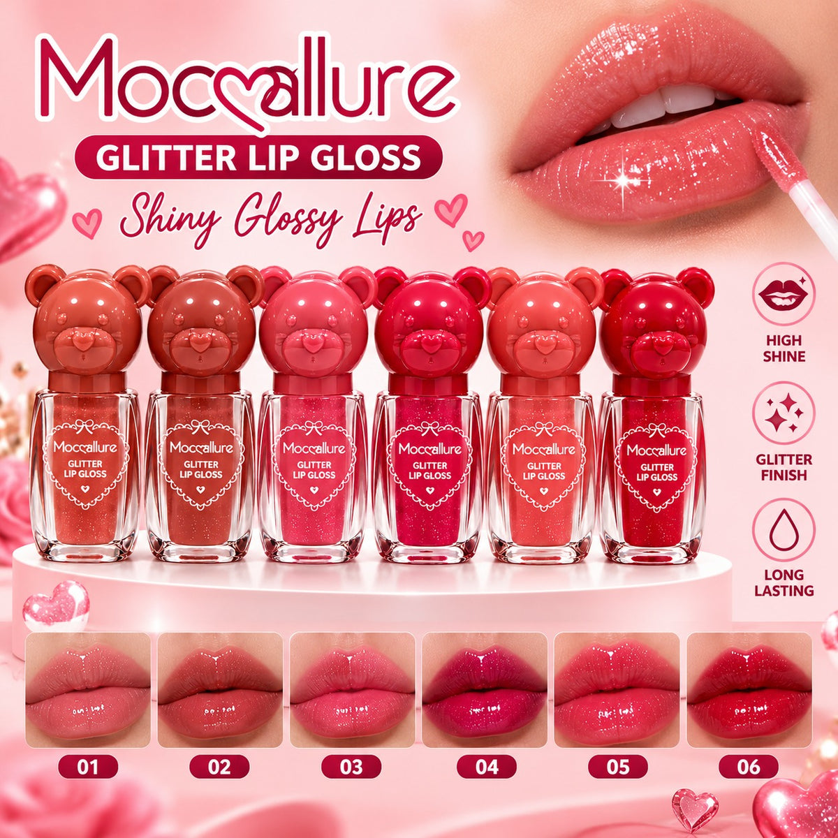 Mocallure Bear Head Glitter Lip Gloss – Pack of 6