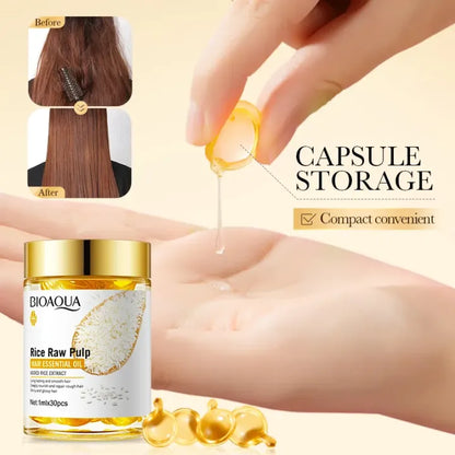 BIOAQUA Rice Raw Pulp Hair Essential Oil  30 Capsules Organic Treatment Promotes Hair Growth Moisturizing Repair Damaged Growth Oil Hair Care Hair Oil