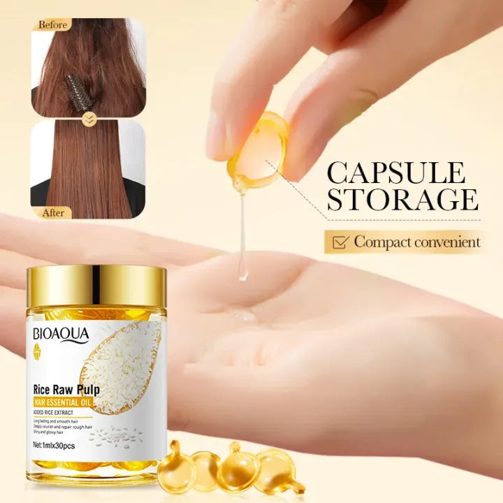BIOAQUA Rice Raw Pulp Hair Essential Oil  30 Capsules Organic Treatment Promotes Hair Growth Moisturizing Repair Damaged Growth Oil Hair Care Hair Oil
