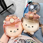 Super Cute Summer Cartoon Panda Bear Shaped Dual Drink Straw Water Bottle With Strap