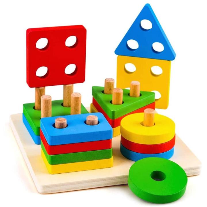 Brain Booster Wooden Stacking Toys & Stand Board 4 Column Puzzle Shape Early Learning Educational Toys For Kids