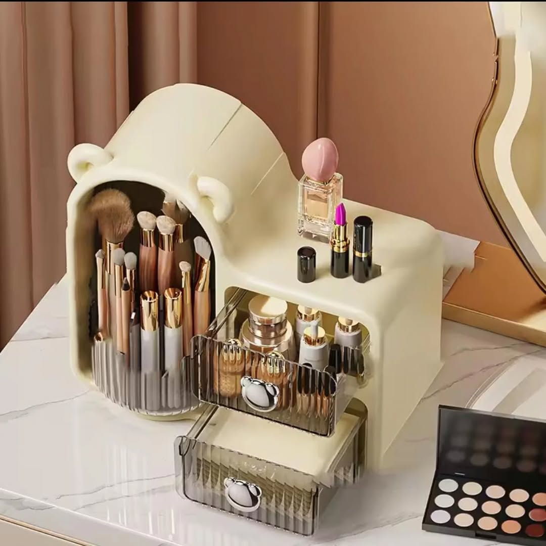 Bear Shaped 360 Makeup Brush Holder Wall-Mounted Dustproof With Drawer Lid