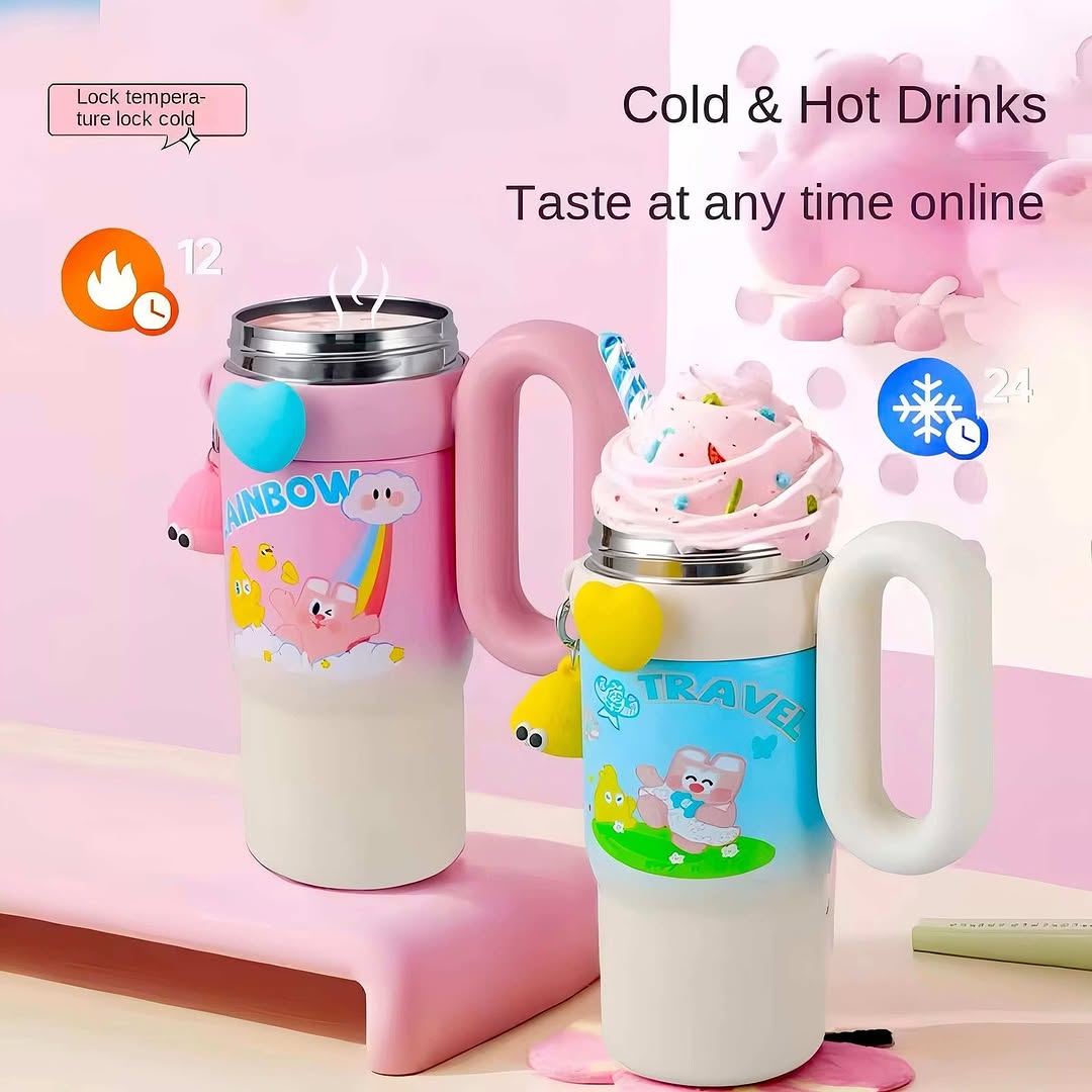 Stainless Steel Cute Kawaii Printed Insulated Tumbler Sipper With Handle And Straw 850ml
