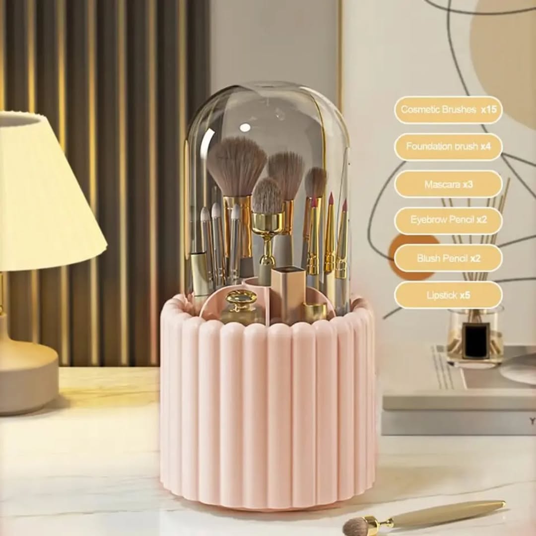 360° Rotating Makeup Brush Holder with Lid Cosmetic Storage Makeup Box Jewelry Container Organizer