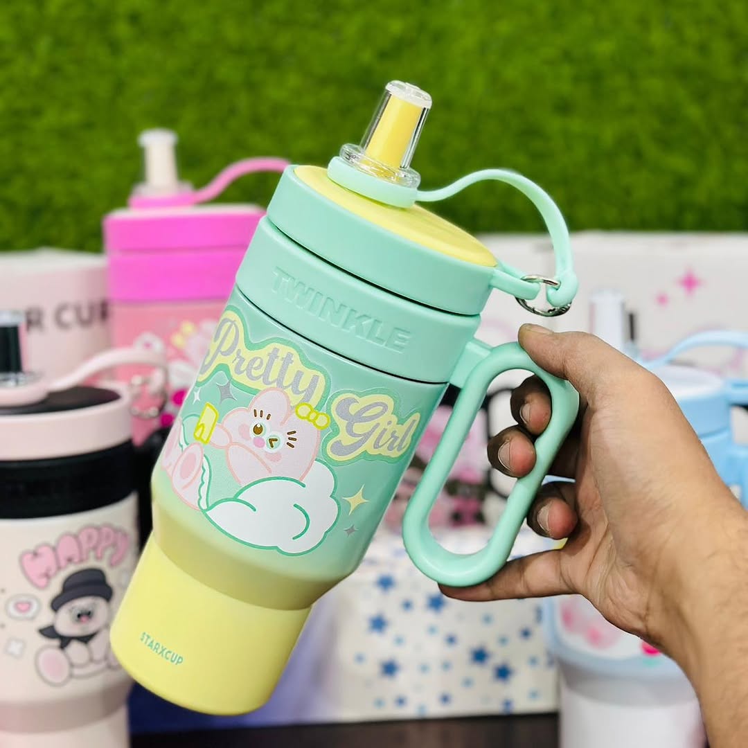 Stainless Steel Twinkle Colorful Tumbler Water Bottle Insulated With Strainer And Straw For Kids 850ml