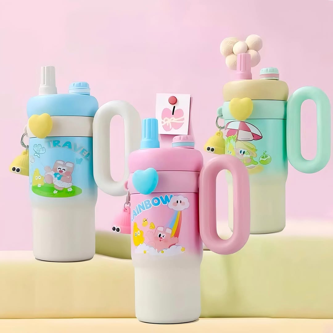 Stainless Steel Cute Kawaii Printed Insulated Tumbler Sipper With Handle And Straw 850ml