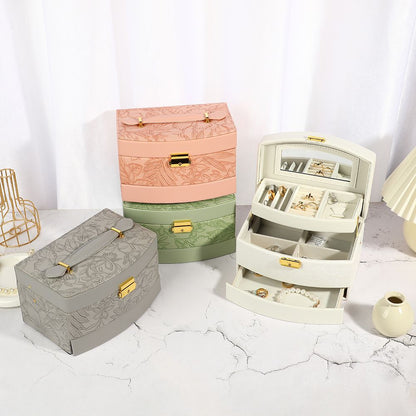 Multipurpose 3 Layer Luxury Self Textured Leather Jewelry Box Medium Size With Mirror Style BT-02