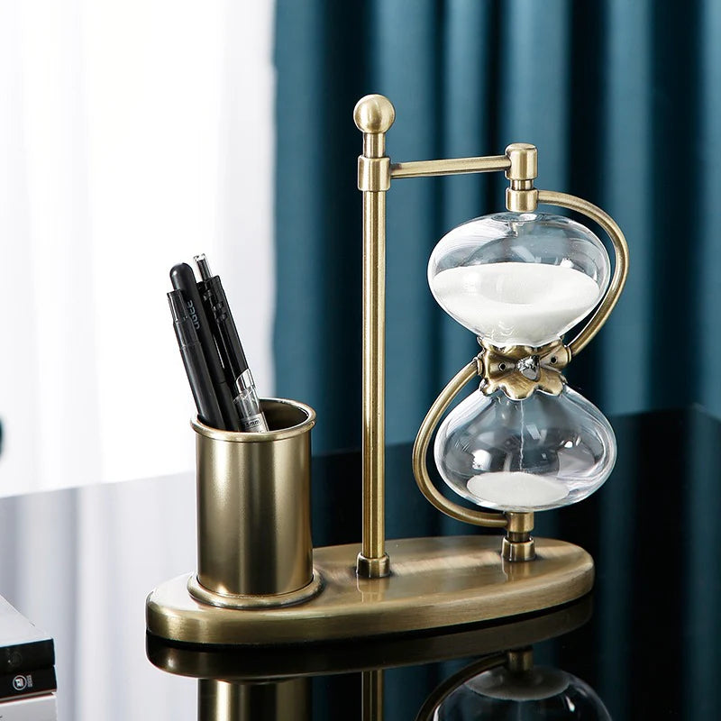 Retro Office Sand Clock Hourglass Decor With Pen Holder