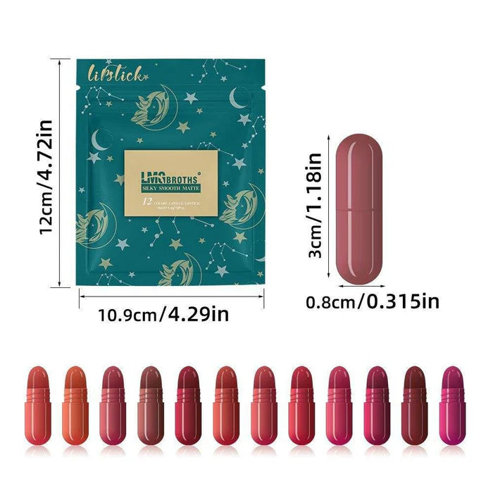 LMG Brothers 12 Colors Capsule Lipstick Set Silky Smooth Matte Mini Lipsticks Long Lasting Waterproof Velvet Finish