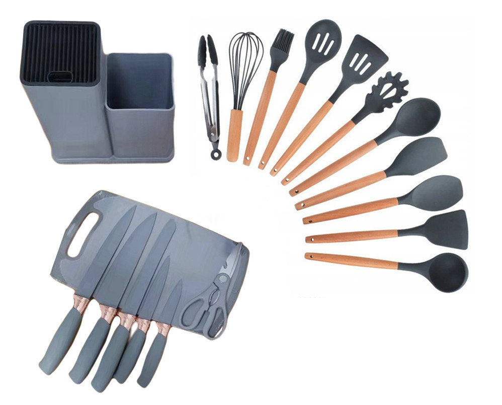 Silicone Kitchen Utensils Set With Ceramic Coated Knife Set Cutting Board And Block 19Pcs Set