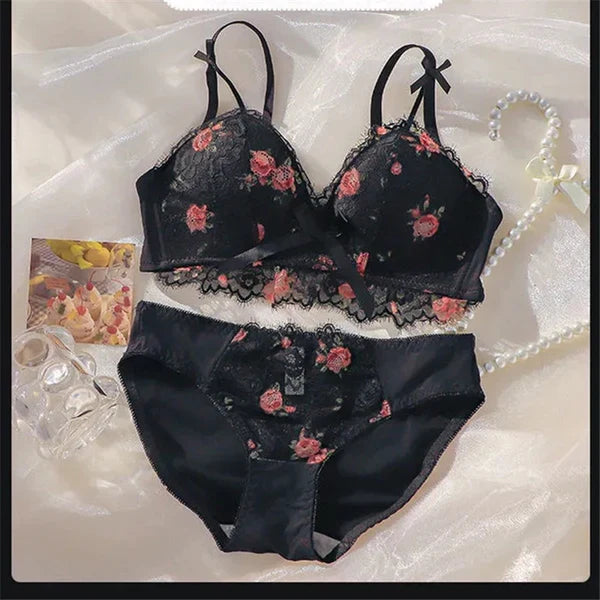 Beautygirl Cute Lace Flower Embroided Adjustable Straps Push Up Bridal Padded Bra and panty 017 Color Black