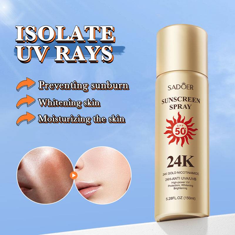 SADOER 24K Gold Sunscreen Spray SPF50+ PA+++ Nicotinamide 24H-Anti UVA/UVB High Protection Whitening Spray 150ml